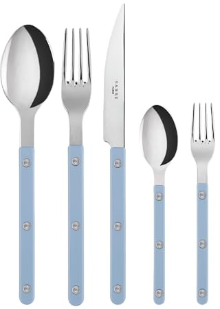 SABRE PARIS - Tafelbesteck, 5-teilig - Bistrot - Messer, Gabel, Esslöffel, Teelöffel & Kuchengabel - Edelstahl & Nylon - Spülmaschinenfest - Pastellblau