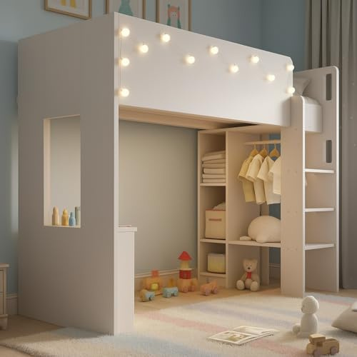 Merax Kinderbett Hochbett 90x200 cm, mit Kleiderschrank, Schreibtisch und Regalen, Etagenbett Einzelbett mit Leiter und Stauraum, für Kinder und Jugend, Ohne Matratze, Weiß/205×108×166cm