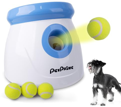 Pet Prime Automatische Ballwurfmaschine für Hunde mit 3 Distanzen (3m-9m) Inkl. 3 Robusten Tennisbällen (5cm) Ideal für Kleine Hunde (Mini-Werfer)
