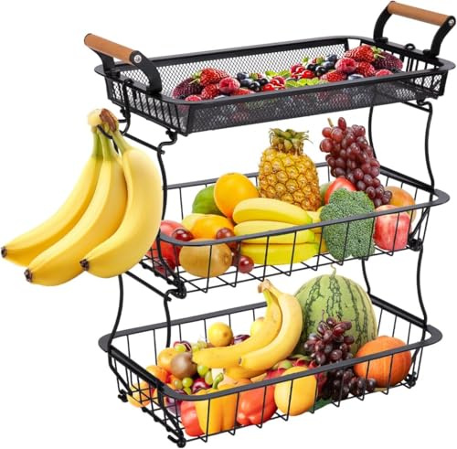 Trintion 3-Tier Metal Fruit Basket with 3 Banana Hangers – Rustproof Countertop Kitchen Organizer for Fruits, Vegetables, Bread, Snacks & Pantry Storage | Space-Saving Wire Mesh Design