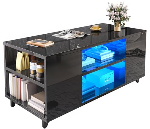 YITAHOME Coffee Table with High Gloss Surface, Coffee Tables for Living Room with LED Light String, Rectangle Tea Table with Adjustable Storage Shelf, 97.5x48x45cm