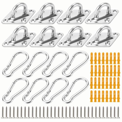 CHUENKUK 16 Stück Augplatten mit Karabiner, Edelstahl Augplatte mit Öse M6, Deckenhaken Set, Befestigungshaken Decksplatte und Karabiner, Ösenplatte Edelstahl für Hängessel Sonnensegel, Schiffsdeck