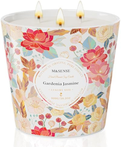 M&SENSE Stort doftljus i glas, Gardenia & Jasmin, 120 timmars brinntid med 3 vekar, 800g för avkoppling, present till kvinnor, jul, födelsedag, mors dag