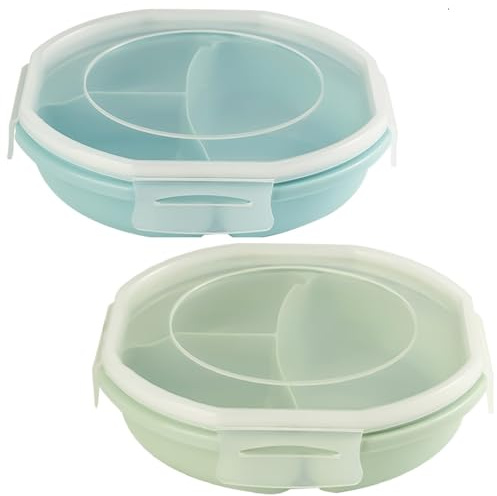 GOMETY 2er Set Mikrowellen Teller Bento-Schüssel, Luftdicht Schnallendesign Vorrats Dose Getrennt Aufbewahrung mit 3 Fach BPA frei Mikrowellengeschirr mit Deckel zum erhitzen, einfrieren (Blau+Grün)