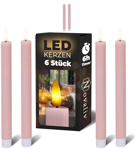 Novaliv Stabkerzen LED mit Timer PINK 6 Stück Indoor 6 Stunden - ECHTWACHS 24,5cm Höhe für Kerzen 2,2cm Durchmesser 2 AAA Batterien notwendig LED Stabkerzen flackernde Flamme bewegliche Flamme Licht