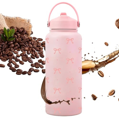 Qkbuza Bouteille isotherme de 1 L en acier inoxydable avec paille pour café, boissons, sport, maison, voyage