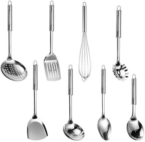 8 Teilig Edelstahl Kochutensilien Set, Edelstahl Küchenutensilien mit Aufhängbarer Griff, Kochlöffel Set, Küchenhelfer Set Spülmaschinenfest Hitzebeständig Robust für alle Küchenbedürfnisse