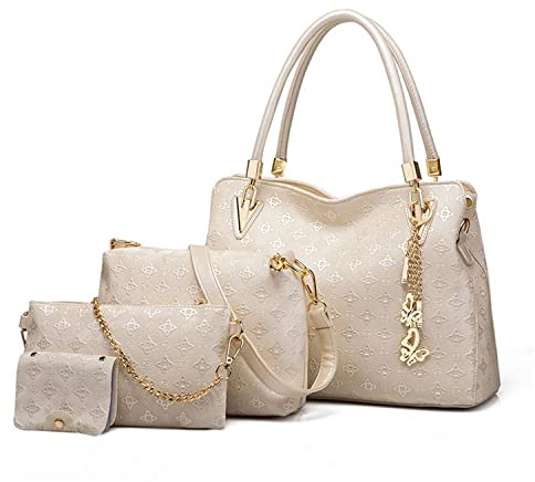 Pahajim Bolso Mujer Moda Bolso Mano Mujer PU Piel Conjuntos de Bolsos 4pcs incluye Tote Bag Bandolera Clutches Cartera,para Trabajo, Casual, Fiesta (Blanco)
