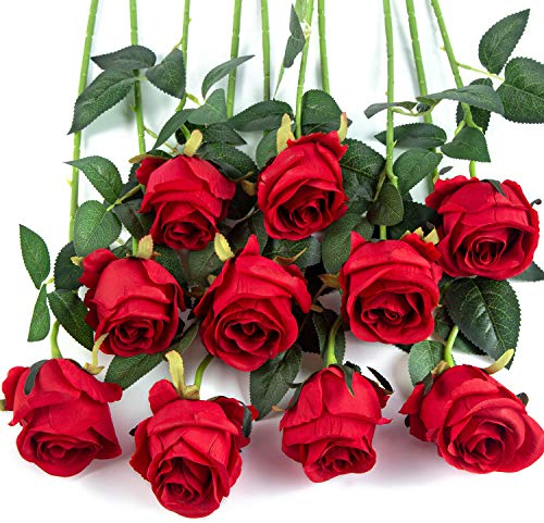 Flojery 10pcs Künstliche Rose Blumen Langer Stiel Gefälschte Seidenrosen für DIY Hochzeitsstrauß Tisch Herzstück Wohnkultur (rot)