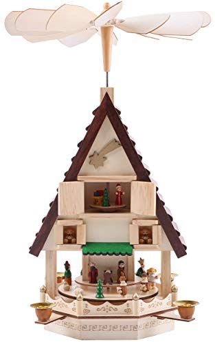 BRUBAKER Weihnachtspyramide Adventshaus 49 cm - Weihnachtskrippe auf 4 Etagen - Kerzenpyramide mit 4 Kerzenhaltern aus Metall - Holz Natur - handbemalte Figuren