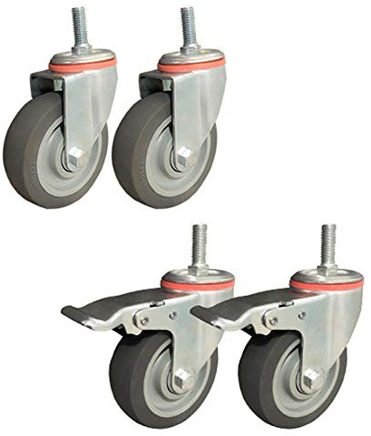 3 Zoll / 100mm Gewinderollen M12 Schwerlast Möbelrollen mit Bremse staubdicht TPR Gummi Leise Lenkrollen 400 kg Stielrollen Industrietransport Fabrik Werkbank Krankenhaus 4 Stück