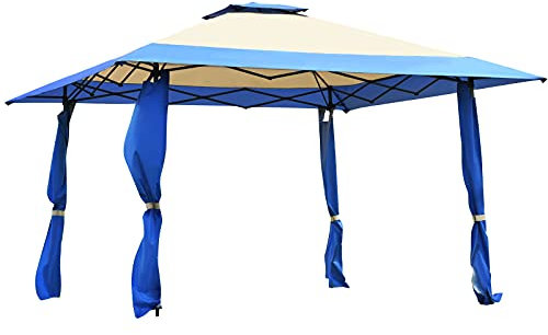 COSTWAY 4 x 4m Pop up Outdoor Gazebo, Patio Party Tent with 2-Tier Roof and Carrying Bag, Large Marquee Canopy Shelter for Backyard, Garden Event (Blue+Beige)