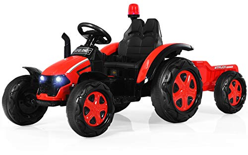 GOPLUS Eltraktor för barn 3–8 år, 12 V traktor med 2,4 G fjärrkontroll/avtagbar släpvagn/strålkastare/horn/MP3-spelare/USB-port/varning, leksakstraktor, uppsitstraktor (röd)