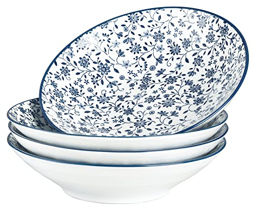fanquare 20cm Ensaladeras Grandes, Tazones de Porcelana para Fideos, Juego de 4, Tazón para Fideos Ramen con Patrón Floral Azul