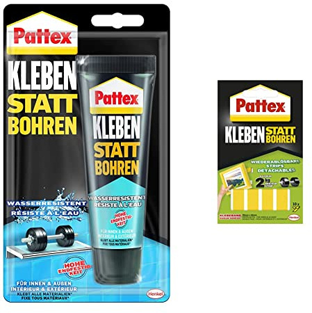 Pattex Montagekleber Kleben statt Bohren Wasserresistent, Kraftkleber für innen & außen, weiß, 1 x 142g & Kleben statt Bohren Klebe-Strips, starkes doppelseitiges Klebeband, 10 Streifen je 20 x 40mm