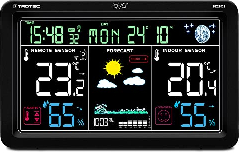 TROTEC Wetterstation Funk mit Außensensor BZ29OS – 9 in 1 Kombigerät – Thermometer innen außen, Luftfeuchte, Luftdruck, Wohlfühlindikator, Frostalarm, Digitalwecker
