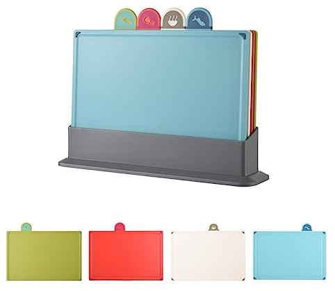 Set Taglieri Plastica, 4x Tagliere da cucina, Set di taglieri con icone, indice, per frutta, carni calde, pesce, Con Codice Colore per evitare la contaminazione, lavabili in lavastoviglie