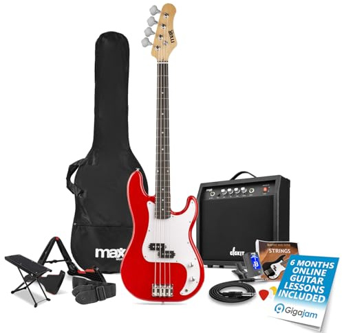 Max Gigkit Electric Beginner Bass Guitar Package - Red Starter Bass Guitar for Learners - Complete Kit with Accessories & 6 Months Online Lessons - Ideal for New Players