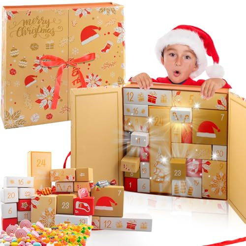 Advent Calendar for Filling, 24 Pcs Christmas Countdown Boxes - DIY Fillable Advent Calendar Set, Assorted Sizes, Reusable Paper Gift Boxes for Xmas Decorations & Holiday Countdown (Yellow)