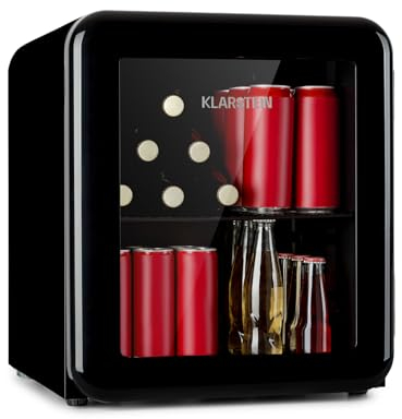 Klarstein PopLife Refroidisseur de boissons - mini-bar, réfrigérateur rétro, 0-10°C, seulement 39 dB, 48 L, écologique, porte à double vitrage, design rétro, noir
