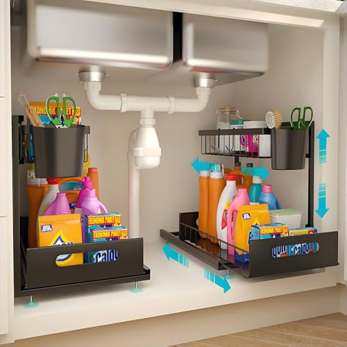 HOUOCON 2 Pack Under Sink Storage Kitchen Organiser, 2 Tier Height Adjustable Metal Pull Out Under Cupboard Storage with Hooks Cup Holder, UnderSink Shelves for Bathroom Kitchen, Black