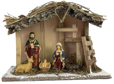 TIENDA EURASIA – Nacimiento Belén | Pesebre de Navidad | 5 Figuras | Multicolor | Cerámica y Base de Madera Chapada con Decoración de Hierbas Secas | 25x9x15 cm | Nacimientos de Navidad