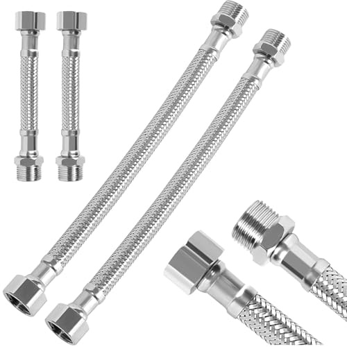 Tubo flessibile 3/8, confezione da 4: tubi rinforzati in acciaio inox 304 (10 cm e 20 cm) con filettatura esterna e filettatura maschio, ideale per rubinetto, lavatrice, soffione doccia, attacchi WC