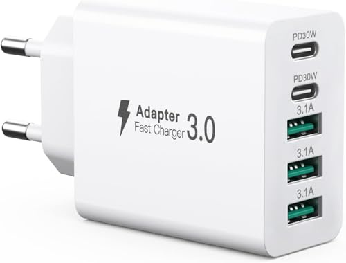 60W USB C Ladegerät, Dual-30W Mehrfach Ladegerät, 5-Port USBC Stecker Intelligent Schnellladegerät Netzteil für iPhone 17/16/15, Samsung, Google Pixel 10Pro/10/9/8/7,iPad, Universeller Handy Ladegerät | USB-C PD 3.0, Überhitzungsschutz; Kompatibel mit iPhone, Samsung Galaxy, Google Pixel, iPad, Notebooks, Tablets