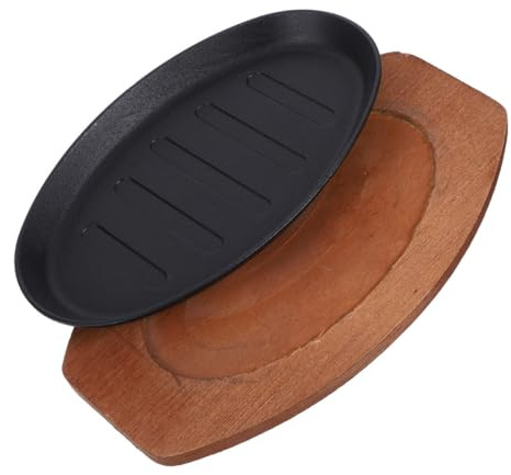 STOBAZA Cast Iron Griddle Pan for Sizzling Steak Plates with Wooden Base, Resists Wear and Tear, Creates Grill Marks, for Outdoor Barbecues and Dining Area, Classic Vintage Style
