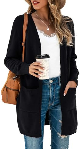 Saodimallsu Cardigan da donna, lungo, leggero, a maniche lunghe, aperto, in tinta unita, per il tempo libero, con tasca, Nero , XXL