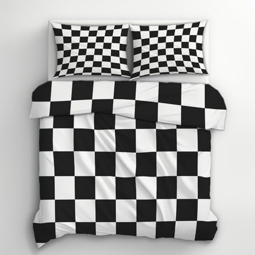 Générique Housse de Couette 220x240 Carreaux Noir et Blanc - Parure de Lit Géométrique 2 Personnes Decoration Chambre, 2 Taies d'oreiller 65x65, Zippée, Reversible, Microfibre A-Z64