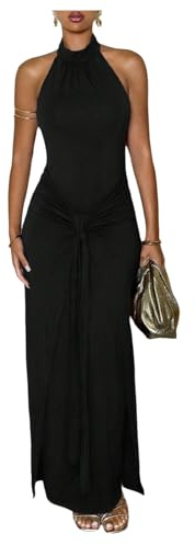 Milumia Women's Tie Knot Bodycon Halter Dress Sleeveless Backless Wedding Guest Long Dresses Black Medium