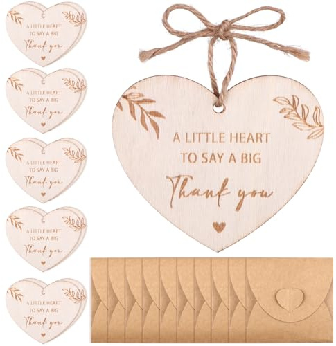 10 Pack Thank You Gifts Heart Shaped Wooden Ornaments with Kraft Envelopes & Jute String Appreciation Gifts for Teacher Nurse Coworkers Employees Wedding Favours Christmas