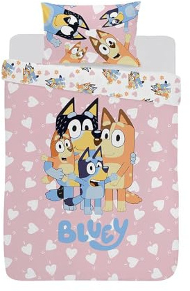 dreamtex Bluey JP3-BLU-ILU-12 I Love U Junior Parure de lit avec housse de couette et taie d'oreiller pour chambre d'enfant Motif cœur Rose