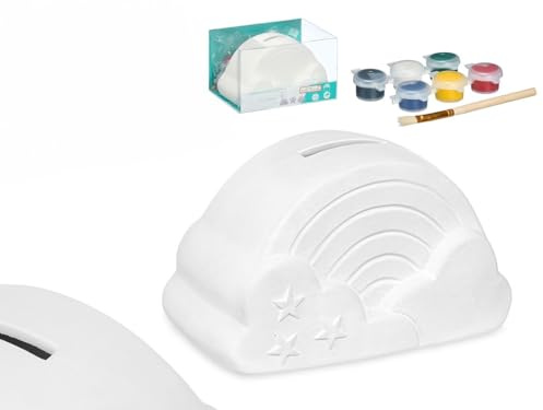 Kit de Manualidades, Hucha de Cerámica para Pintar con 6 Colores y Pincel, Diseños de Arcoiris, Furgoneta, Nube, Estrella, Jirafa, Dinosaurio, Dino, Perro y Coche, Juego Creativo Infantil (Arcoiris)