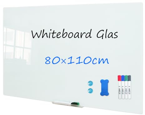 DEVELOP Weißes Glas-Whiteboard 80x110cm | Rahmenlose magnetische Tafel aus gehärtetem Glas | Inkl. 4 Marker, 2 Starkmagnete & Schwamm | Für Wandmontage (Büro/Home-Office)