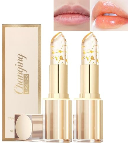 2PCS Transferproof Colour Changing Lipstick with Gold,Long-Lasting Lip Stain & Moisturizing Lip Gloss, Hydrating Lip Balm for Dry Lips, Makeup Set Includes Lip Tint, Lip Plumper, Red & Nude Lipstick