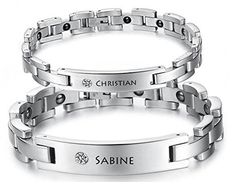 aplusashop ID Edelstahl Magnetisches Armband + Gravur nach Wunsch mit Strass auch als Partnerarmbänder mit Box