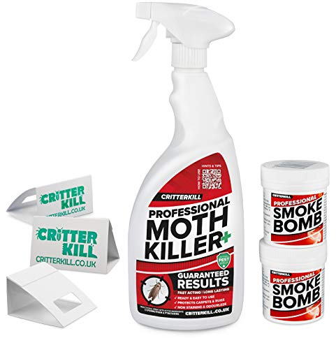 CritterKill Moth Killer Kit - For Low Level Home Infestation - Moth Spray + Smoke Bombs + Insect Traps (1L Spray / 2x16g Bombs / 3 Traps)