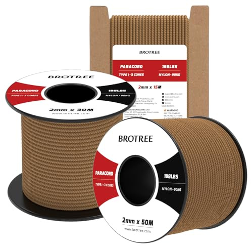 Brotree Paracord 2mm 30M 100% Nylon Seil mit 3 Kern Schnur für Outdoor, Armband, Hundeleine - Bruchlast 90kg (Kojote Braun) | 90kg Bruchlast, Typ I, Spule, Camping, Angeln, Überleben, Basteln, Outdoor, Armband, Hundeleine