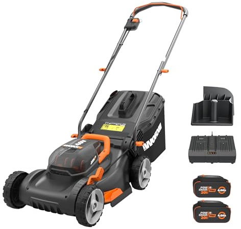 Worx WG743 40 V PowerShare 4,0 Ah 43,2 cm Rasenmäher mit Mulch und Intellicut (2 x 20 V Batterien), Schwarz und Orange