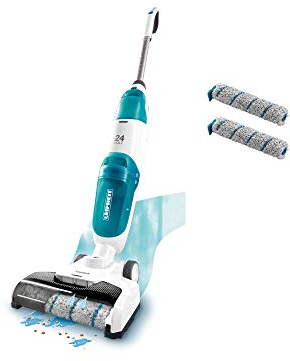 Leifheit Set Akku Saugwischer Regulus Aqua PowerVac inkl. zwei Ersatzrollen, saugen und wischen, Nasssauger mit leistungsstarken 24V, kabelloser Waschsauger mit Standfunktion, 22 min Akku-Laufzeit
