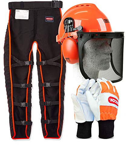 Oregon Kit de vêtements de sécurité Type A pour travail à la tronçonneuse avec Jambières Universelles, Gants taille XL et Casque