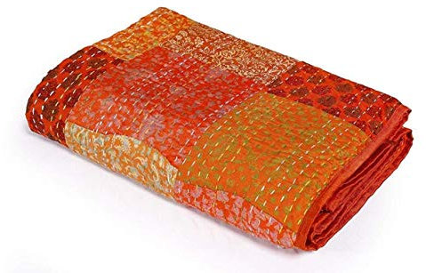 Couvre-lit Indien Patchwork Kantha, Couvre-lit en Soie Fait à la Main, Couvre-lit, Couvre-lit réversible King Size, Couvre-lit Vintage Cousu à la Main, (Couleur Orange)