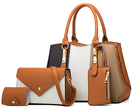 NICOLE & DORIS Sacs Portés Main de 4 pièces Sac a Main Femme +Sac Bandoulière Mode+Portefeuille en Main+Porte Cartes Mignon Sac D'epaule Contrasté Marron