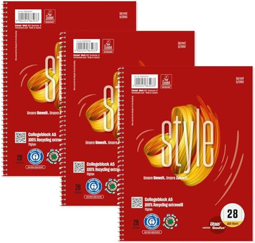Staufen Ursus Style Collegeblock, 3 Stück, DIN A5, 5mm kariert, 160 Blatt, 4-fach Lochung, premiumweißes 70g/m² Recyclingpapier, Green