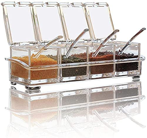 GREY LOOK 4 Crystal Seasoning Acrylic Spice Dispenser Jar Cruet Kitchen Salt Box Storage Container Condiment Jars Cruet with Cover Spoon-Kitchen Utensils Supplies 4Pcs Set