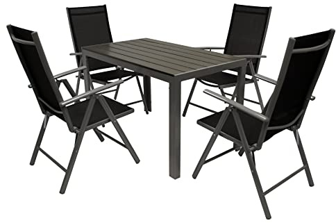 DEGAMO Gartengarnitur Sorano 5-teilig, 4X Hochlehner Klappsessel Alu + Kunstgewebe schwarz, 1x Tisch Alu + Kunstholz 70x125cm grau