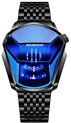 FANMIS Moda creativa Blu LED Binario Digitale Orologi Da Uomo In Acciaio Inox Argento Impermeabile LED Retroilluminazione Braccialetto Placcato Orologi, heiD lanM