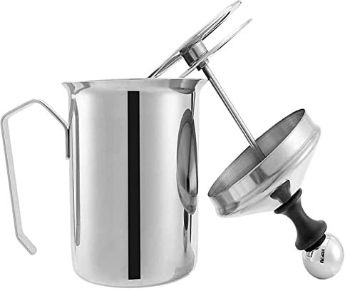 huiba 4 espumador de leche manual Cappuccino Latte - Jarra de espuma de café con mango - Espumador de leche con bomba de mano con filtro para capuchino, café con leche, chocolate caliente